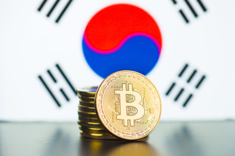 Golden bitcoins and South Korea flag.